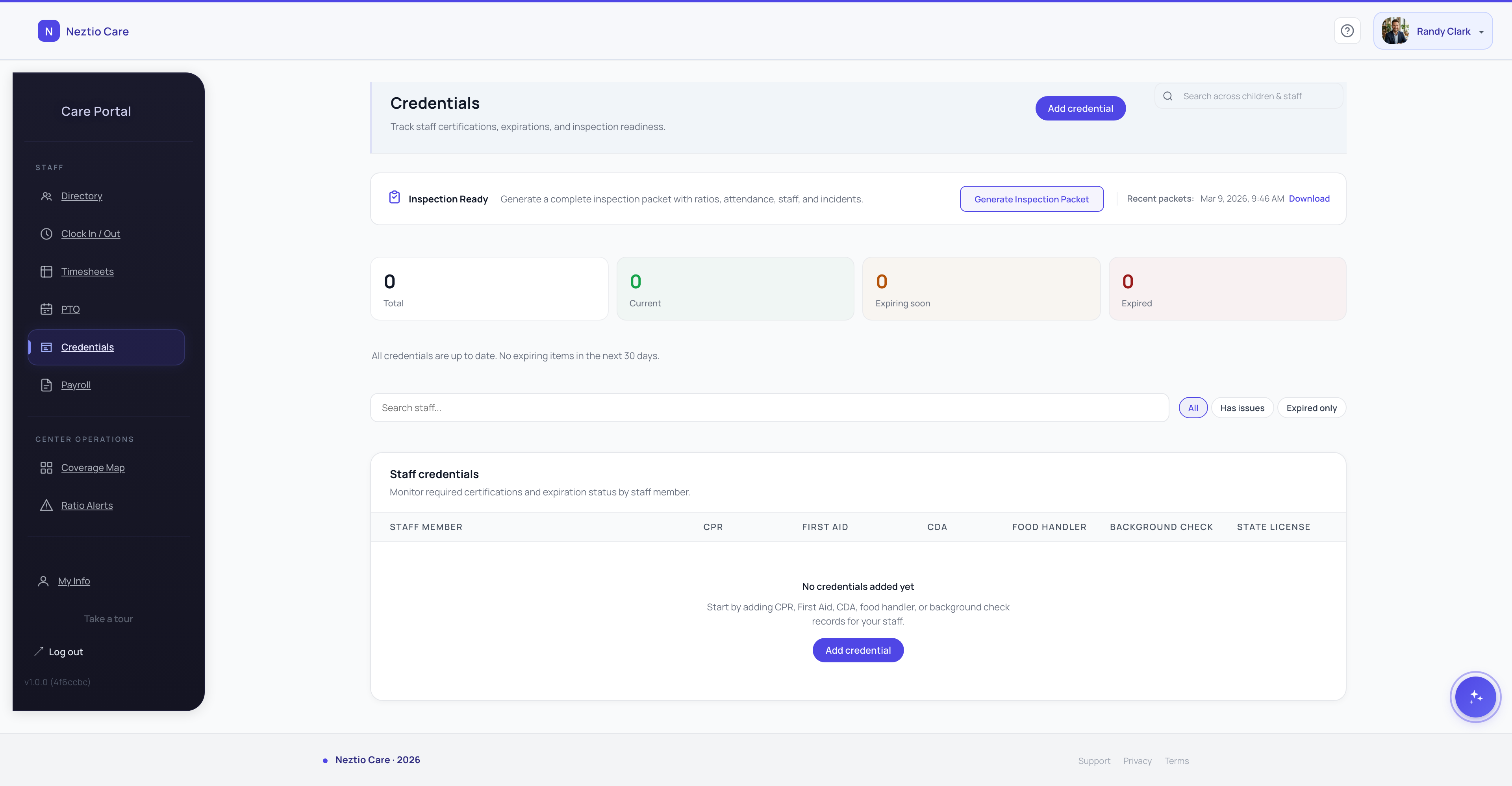 Neztio staff credentials management with certification tracking and expiration alerts